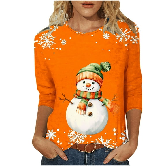 Darzheoy Womens Tops Round Neck Loose Seamless Loungewear Christmas Printed Sweatshirts Pullover Hoodless Fashion Solid Color Blouses