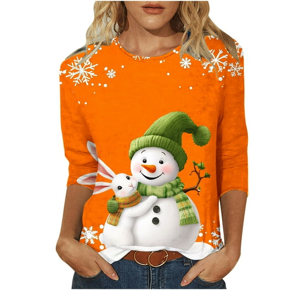 Darzheoy Womens Tops Round Neck Loose Seamless Loungewear Christmas Printed Sweatshirts Pullover Hoodless Fashion Solid Color Blouses