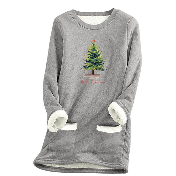 Darzheoy Womens Tops Round Neck Solid Color Christmas Graphic Trendy Long Sleeve Comfortable Sweatshirts Thermal Plush Thickened Pullover Printed Fall Winter Blouses