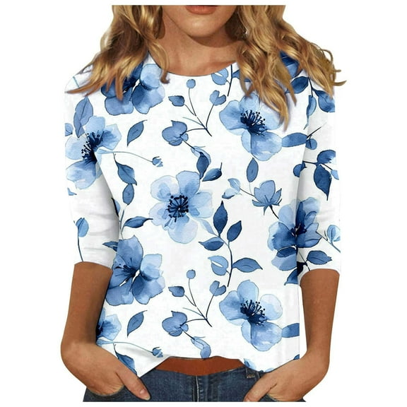 Darzheoy Womens Tops Seamless Floral Graphic Pullover Drop Shoulder Fall Winter Sweatshirts Casual Loose Printed Hoodless Mid-Length 3/4 Sleeve Blouses