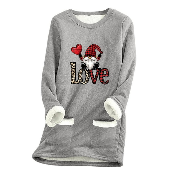 Darzheoy Womens Tops Solid Color Graphic Pullover Thickened Printed Fashion Sweatshirts Versatile Long Sleeve Plush Casual Thermal Fall Winter Blouses