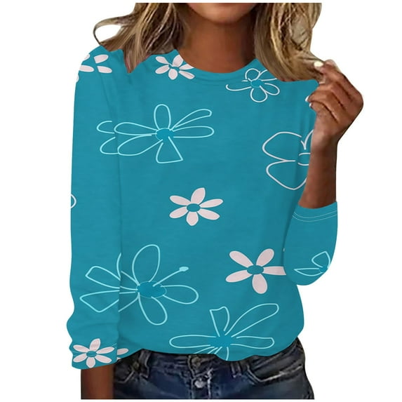 Darzheoy Womens Tops Trendy Floral Printed Long Sleeve Drop Shoulder Round Neck Sweatshirts Pullover Fall Winter Solid Color Graphic Casual Loose Blouses