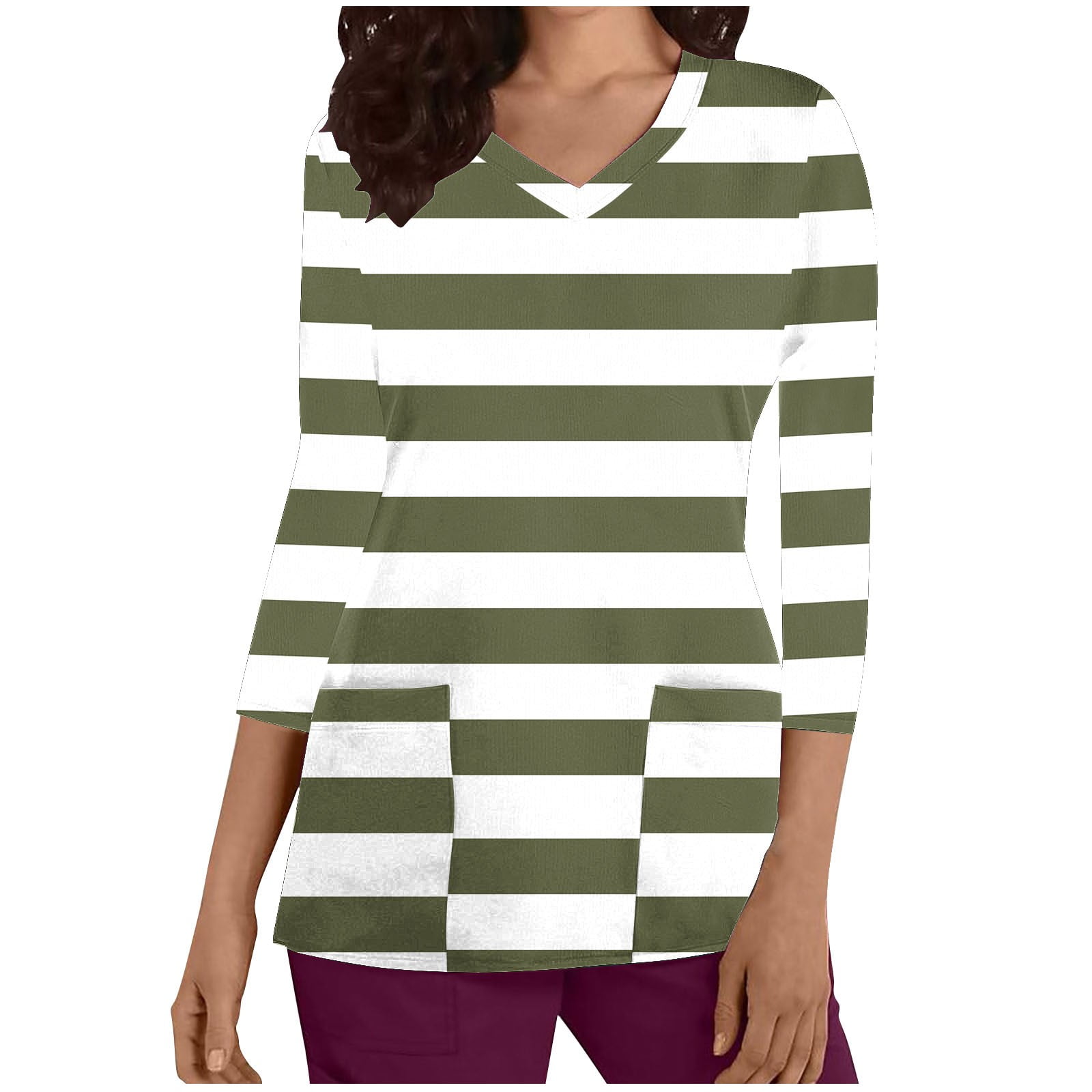 Casual Striped Contrast V Neck Plus Size Tops main image 1
