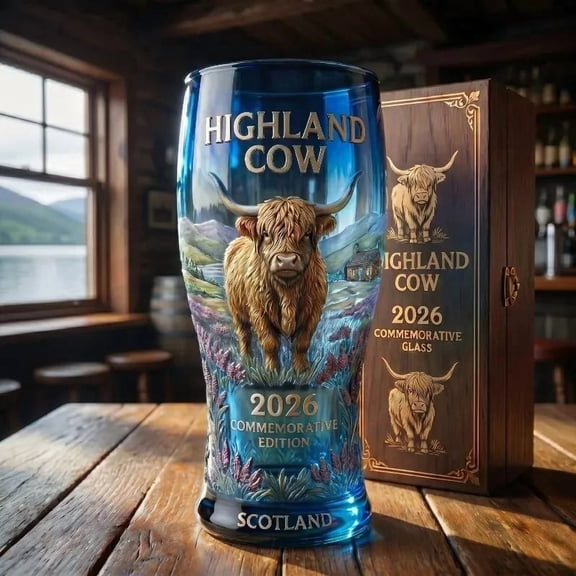 Darzheoy highland cow commemorative glass, 17oz blue pint cup, Scotland souvenir gift, gift box included, beer glass