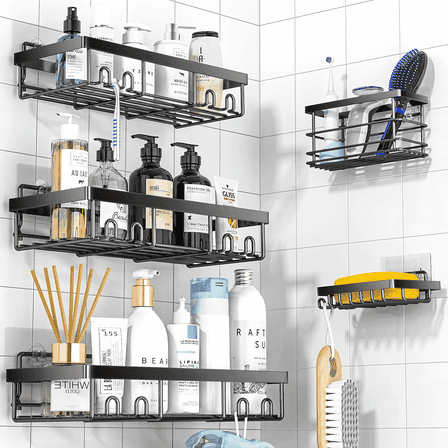 Shower Caddy - Adhesive Shower Organizer, Hanging Suction Black Shower Shelves Rack, Inside Shower Rack Holder, Bathroom Decor Organization Storage Accessories, Home Essentials Gadgets