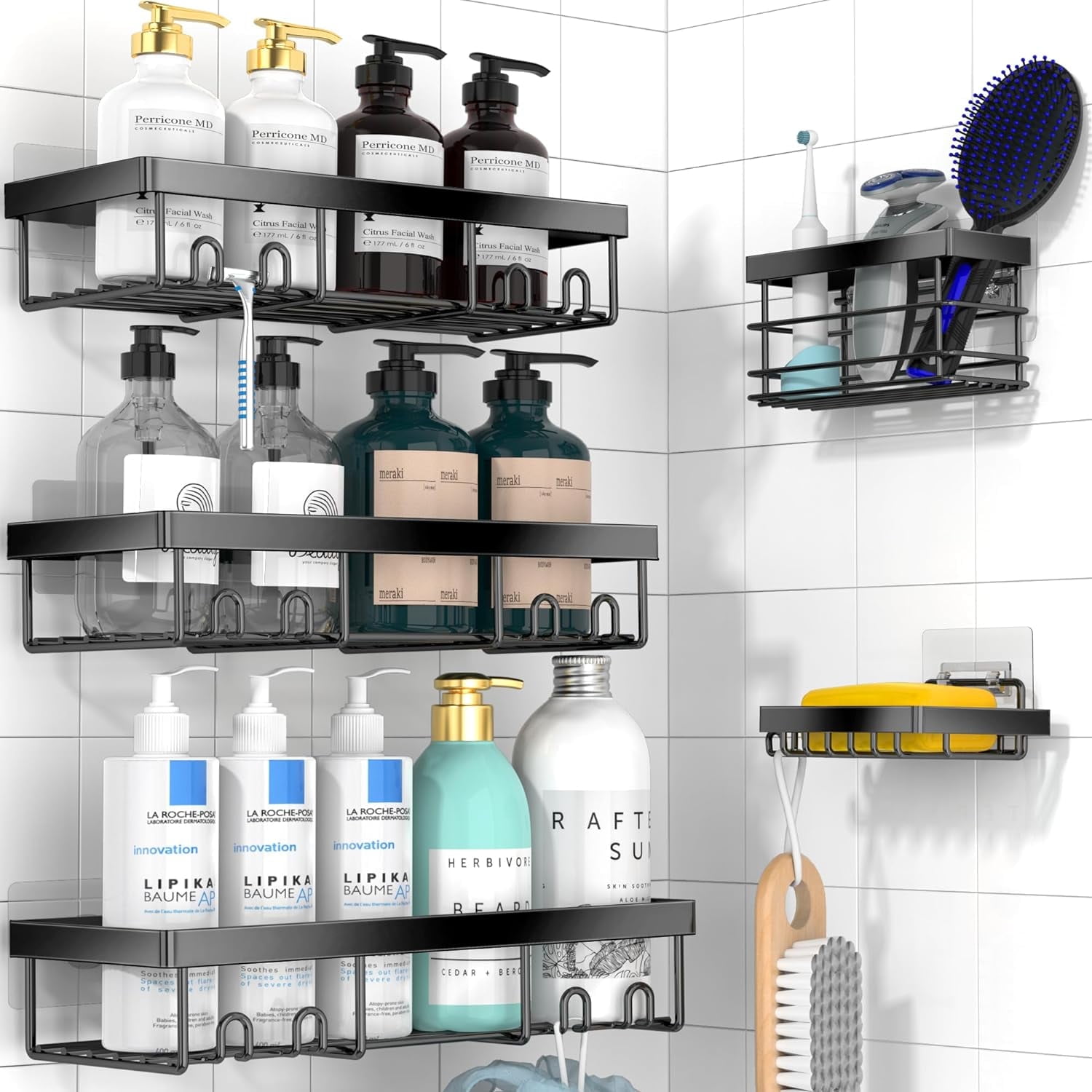 Shower Caddy - Adhesive Shower Organizer, Hanging Suction Black Shower Shelves Rack, Inside Shower Rack Holder, Bathroom Decor Organization Storage Accessories, Home Essentials Gadgets