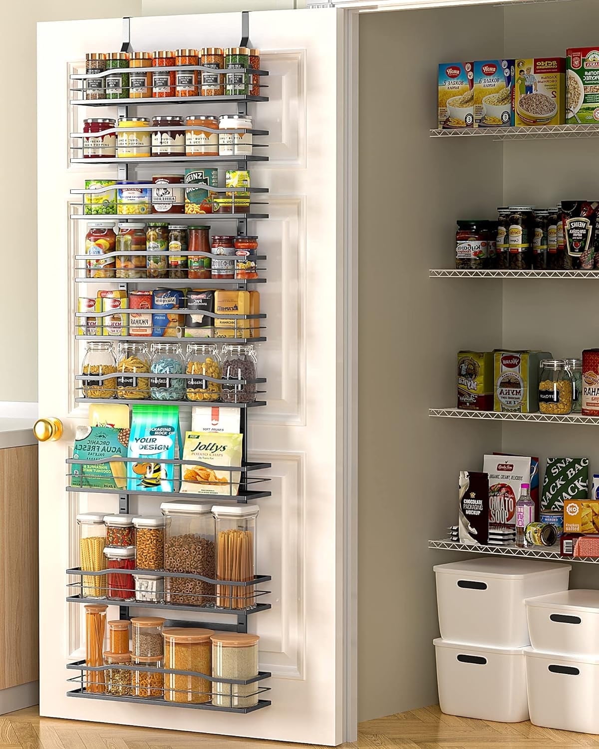 Moforoco 9-Tier Over The Door Pantry Organizer, Pantry Organization and Storage, Black Hanging Basket Wall Spice Rack Seasoning Shelves