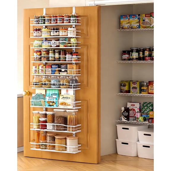 Moforoco 9-Tier Over The Door Pantry Organizer, Pantry Organization and Storage, White Hanging Basket Wall Spice Rack Seasoning Shelves