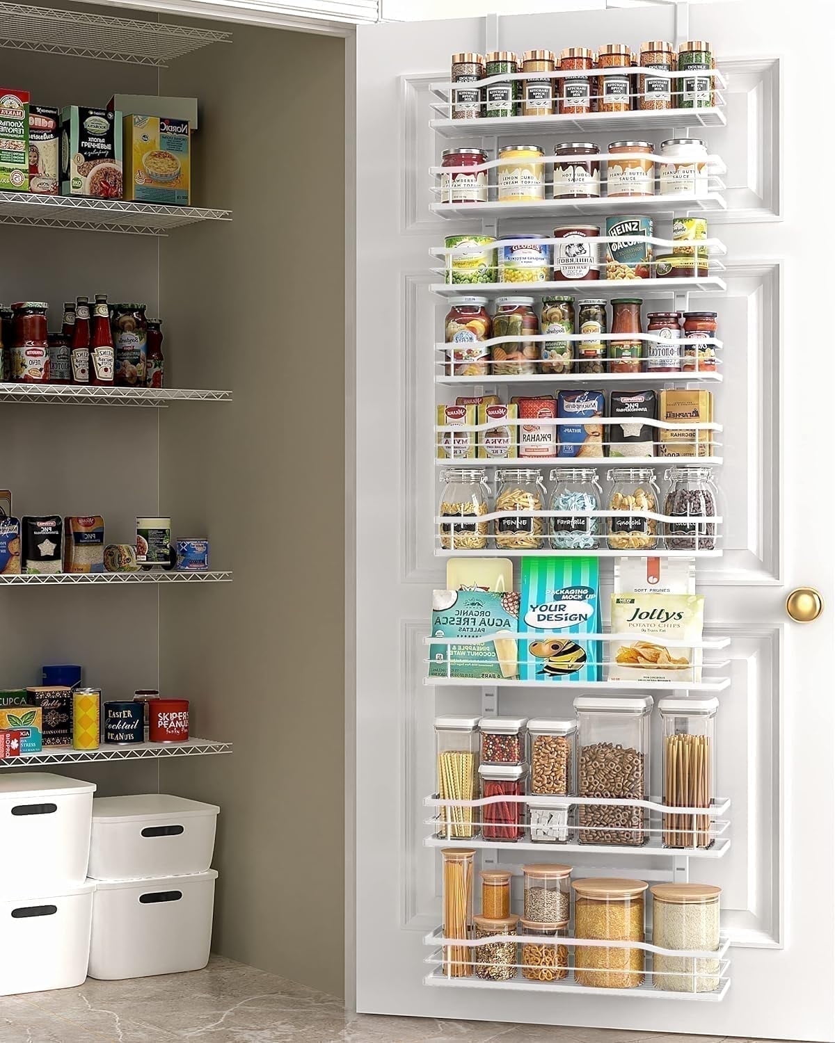 Moforoco 9-Tier Over The Door Pantry Organizer, Pantry Organization and Storage, White Hanging Basket Wall Spice Rack Seasoning Shelves