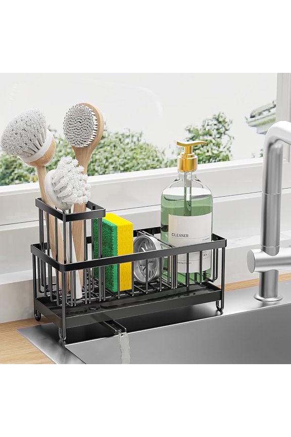 Black Sponge Holder for Kitchen Sink, Sink Caddy Organizer with High Brush Holder, Kitchen Countertop Organizers and Storage Essentials, Rustproof 304 Stainless Steel, Soap Dispenser Organize