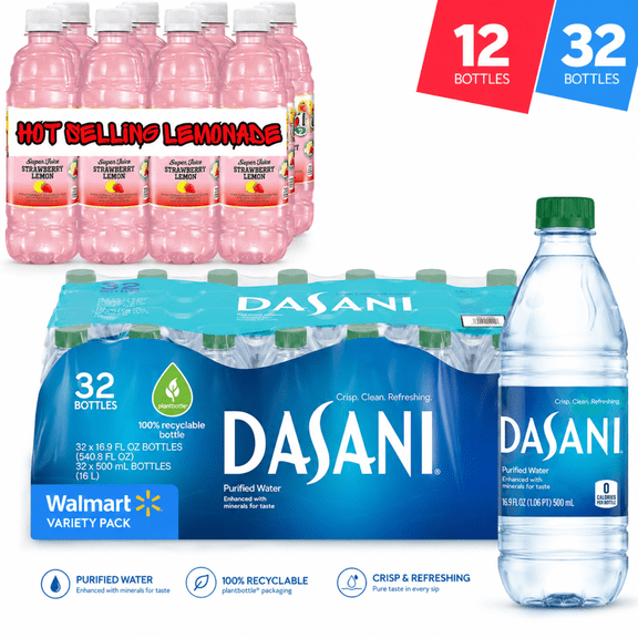 Dasani Water & Sugar Free Strawberry Lemonade Variety Pack, 44 Total Bottles