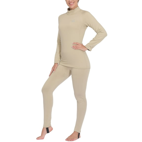 Dasawamedh Women's Fleece Thermal Underwear Set Lightweight Warm Base Layers Long Johns for Hiking Skiing Diving, Light Khaki L