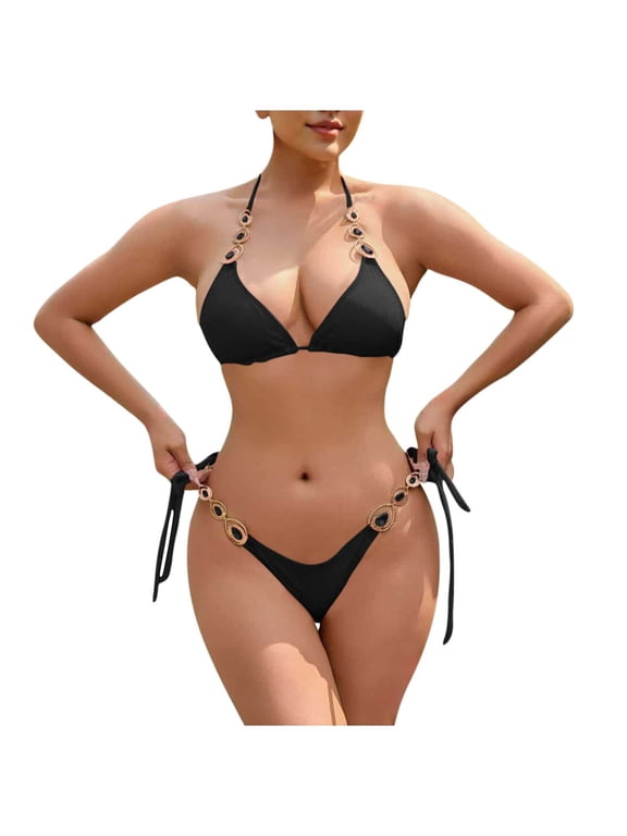 2 Piece Bikini Sets for Women Black Halter Plus Size Bandage Push up String Bikini Sets Womens Bikini Swimsuits S