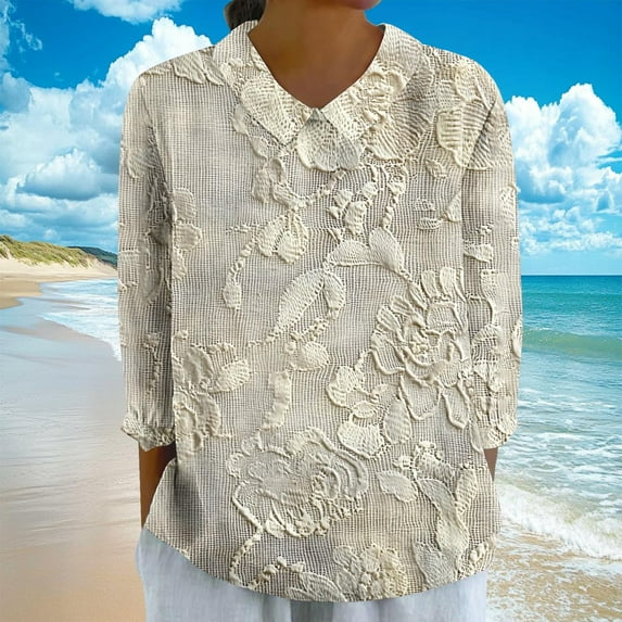 Dasayo 3/4 Sleeve Women Tops Boho Summer Yellow Collared Ruffle Floral T-Shirt Blouses for Women L