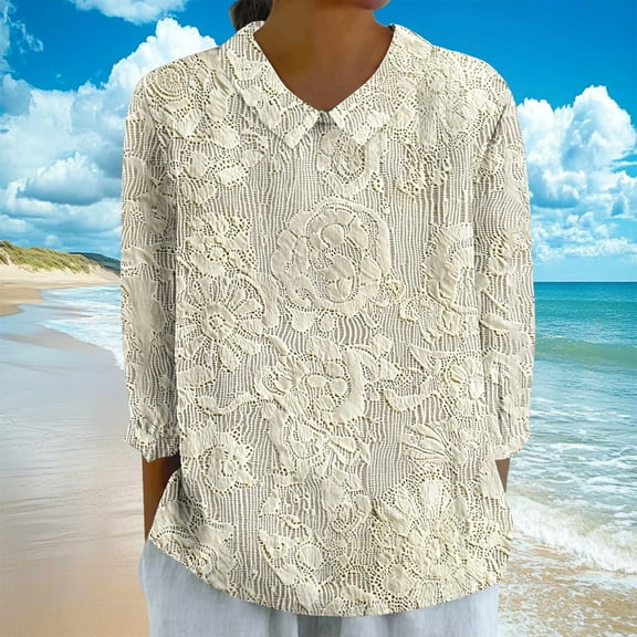 Dasayo 3/4 Sleeve Women's Tops and Blouses Boho Summer Yellow Floral Collared Ruffle T-Shirt Women's T Shirts XXL