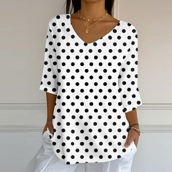 Dasayo 3/4 Sleeve Womens Tops Trendy White V-Neck Loose Fit Polka Dot Blouses Women's Blouses XXL