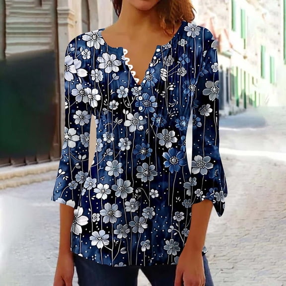 Dasayo 3/4 Sleeve Womens Tops V-Neck Ruffle Smocked Buttons Floral Blouses Womens Sweatshirts S