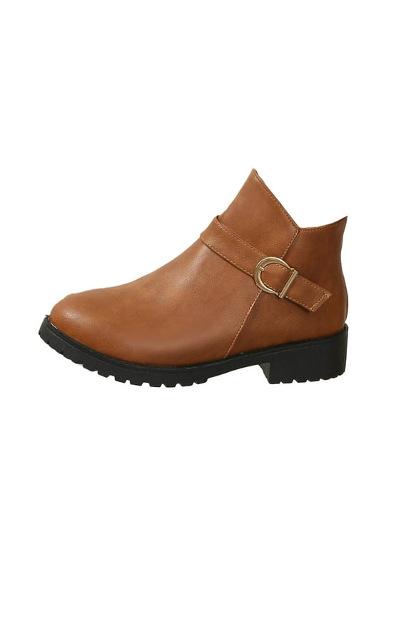 Ankle Boots Women Brown Western Chelsea Faux Leather Side Zip Classic Buckle Boots Womans Shoes 36