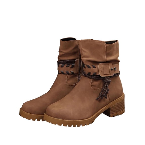 Dasayo Ankle Boots Women Brown Wide Width Western Buckle Block Heel Round Toe Boots Ladies Shoes 41