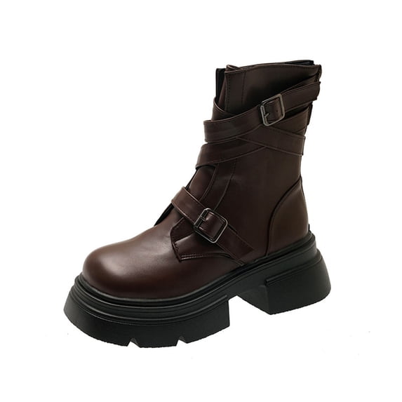 Dasayo Ankle Ladies Boots Brown Motorcycle Chunky Faux Leather Round Toe Buckles Shoes Womens Shoes 36