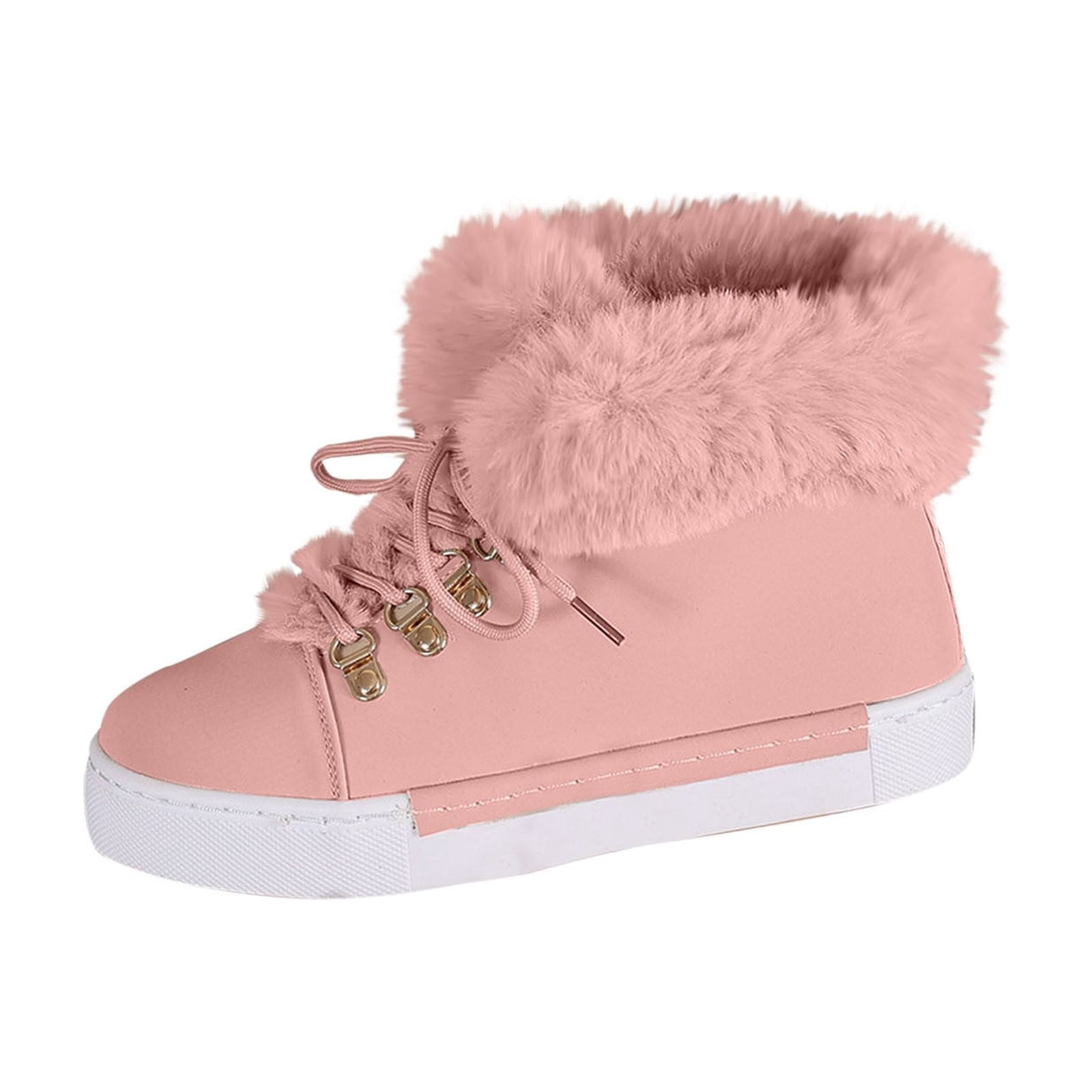 Dasayo Ankle Womans Boots Furry Hiking Pink Flat Heel Winter Lace up Faux Leather Shoes Shoes Women 41