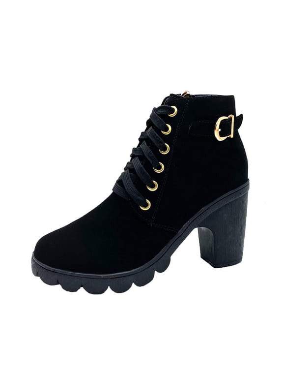 Ankle Women Boots Black Pointed Toe Dress Faux Leather Side Zipper Lace up Block Heel Boots Women Shoes 36