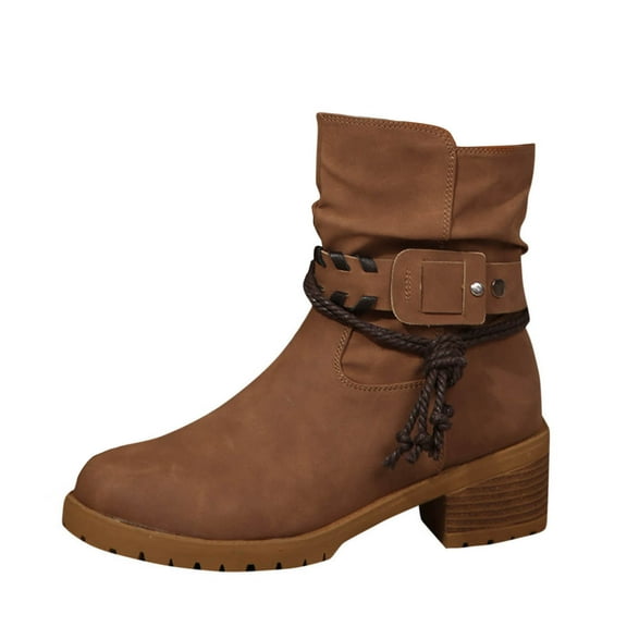 Dasayo Ankle Women's Boots Brown Cowboy Western Block Heel Faux Leather Side Zipper Lace up Boots Womans Shoes 39