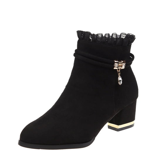 Dasayo Ankle Womens Booties Black Pointed Toe Dress Block Heel Side Zip Ruffle Elegant Boots Shoes Women 35