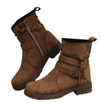 Dasayo Ankle Womens Booties Brown Motorcycle Chunky Side Zip Buckles Round Toe Boots Womens Shoes 40