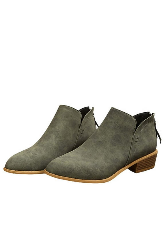 Ankle Womens Booties Casual Green Pointed Toe Faux Leather Classic Casual Low Heel Booties Women Shoes 37