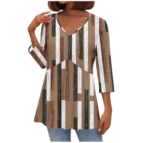 Dasayo Babydoll Tops for Teachers V-Neck 3/4 Sleeve Brown Shirts Tunic Vacation Pleated Graphic Tees Women T Shirt S