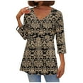 thumbnail image 1 of Dasayo Babydoll Women's Tops V-Neck Brown 3/4 Sleeve Tops Tunic Graphic Vintage Pleated Clothing Women's T-Shirts L, 1 of 7