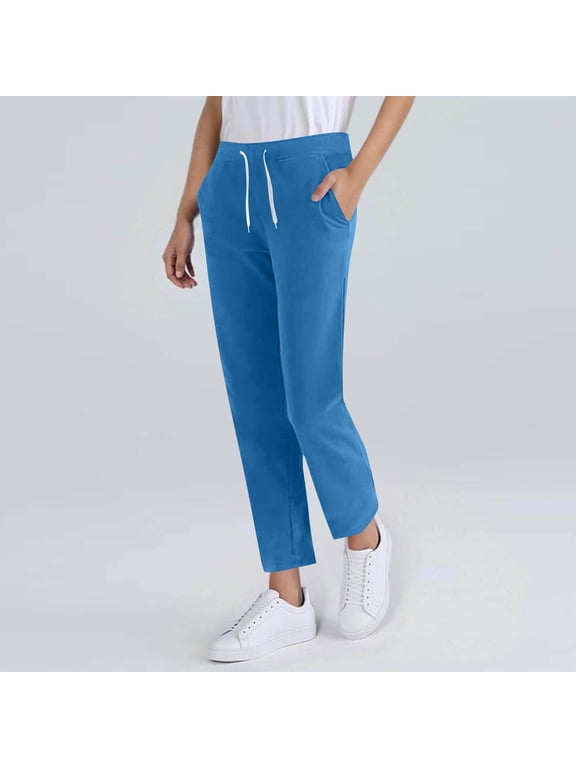 Basic Women's Pants Yoga Sky Blue Straight Leg High Waist Slimming Drawstring Pants Womens Trousers S