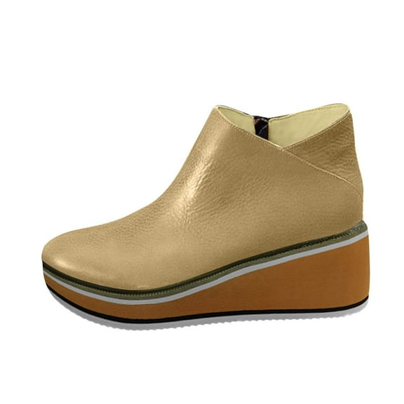 Dasayo Beige Booties for Women Wide Calf Ankle Slip on Side Zipper Faux Leather Block Heel Casual Booties Women Shoes 35