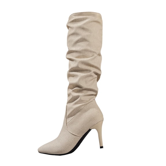 Dasayo Beige Woman Boots Slouch Dress Mid-Calf Pointed Toe High Heel Wide Calf Boots Shoes for Women 35