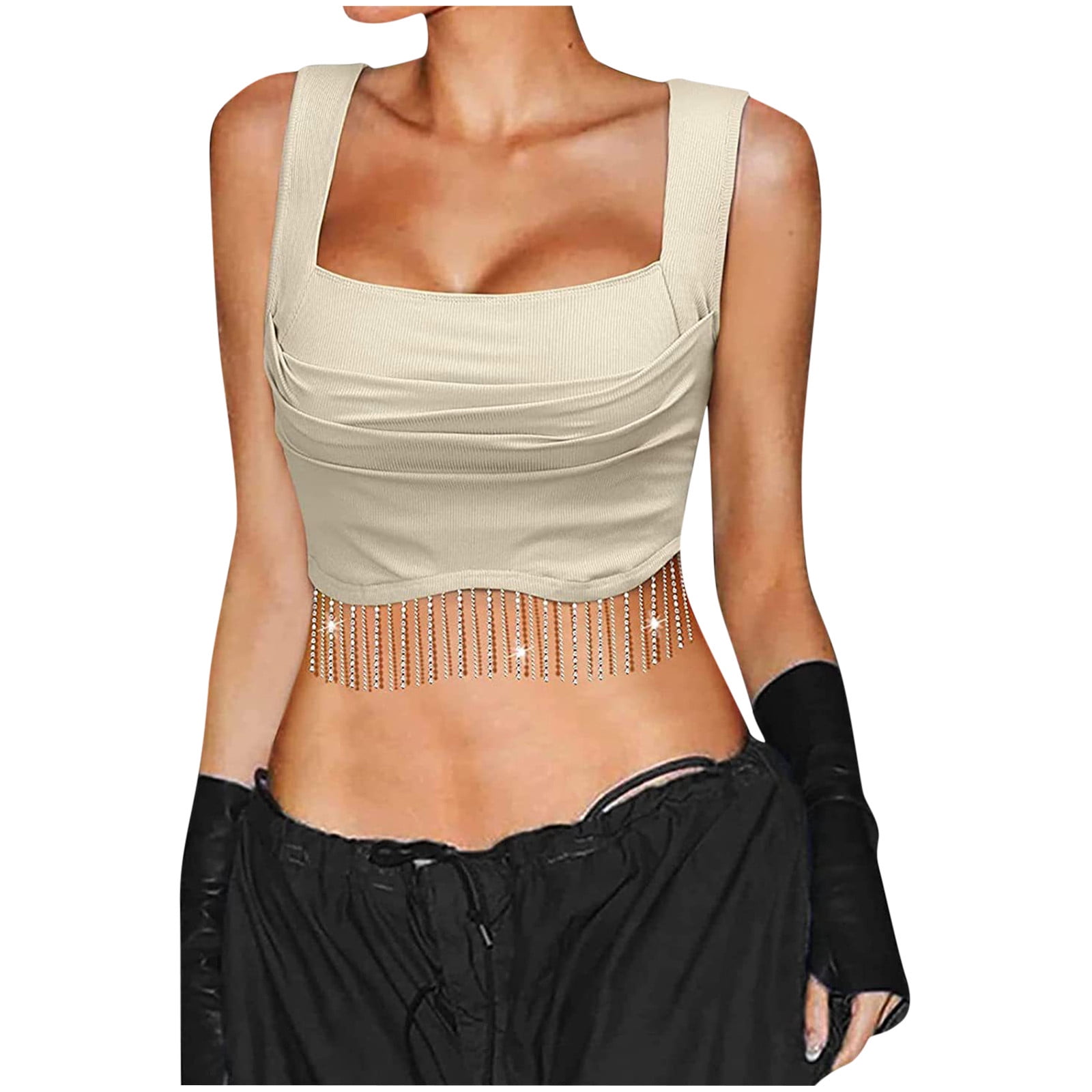 Dasayo Beige Women Tank Top Crop Square Neck Sleeveless Camisoles Sleeveless Camisole Tops for