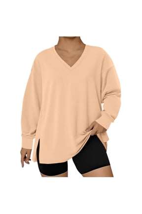 Beige Womens Tops Oversized Long Sleeve V-Neck Blouses Dressy Side Split Comfortable T-Shirt Shirts for Women L