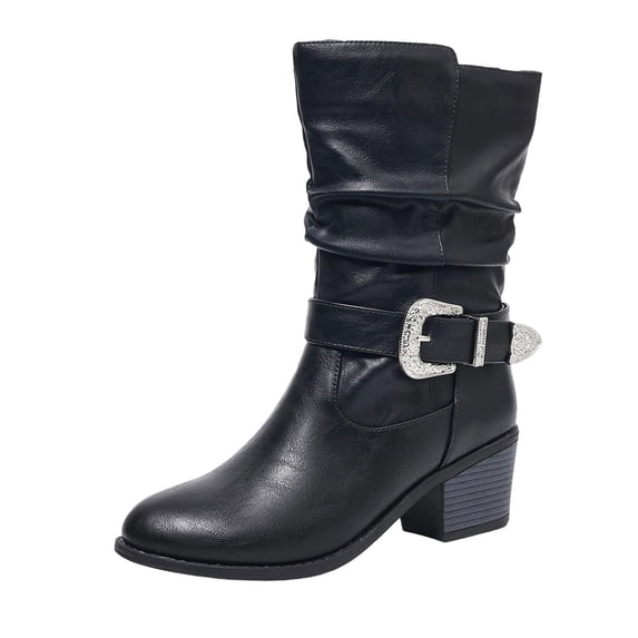 Dasayo Black Booties for Women Slouch Wide Width Mid-Calf Low Heel Pointed Toe Western Buckle Boots Womans Shoes 36