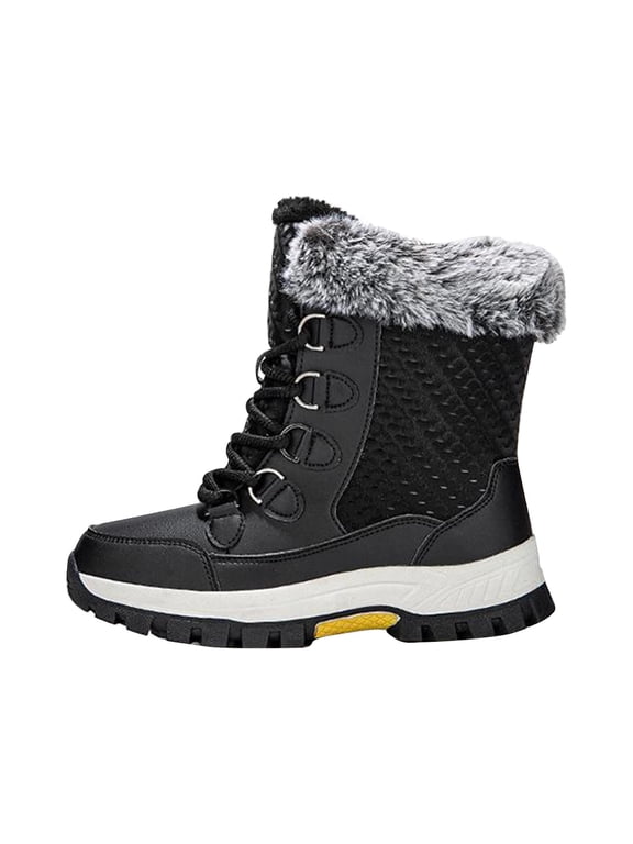 Black Boots Women Ankle Fuzzy Snow Warm Winter Riding Lace up Boots Shoes Women 41