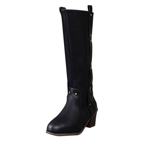 Dasayo Black Boots Women Mid-Calf Wide Calf Western Cowboy Fleece Lined Block Heel Winter Boots Shoes for Women 36