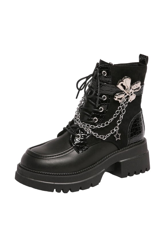 Black Boots Women Motorcycle Chunky Ankle Round Toe Fashion Lace up Faux Leather Boots Shoes for Women 36