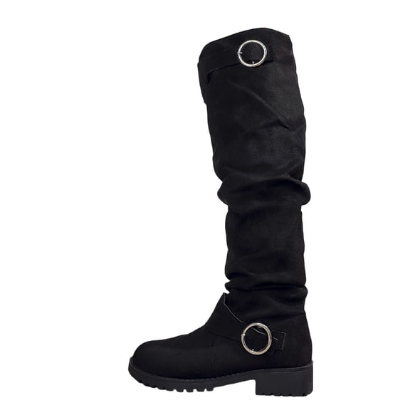 Dasayo Black Boots Women Slouch Wide Width Knee-High Dressy Buckles Round Toe Boots Shoes for Women 38