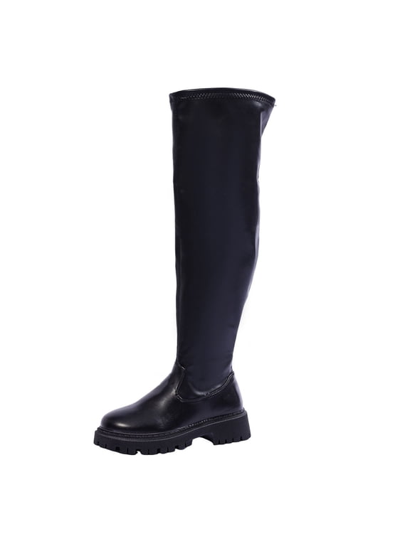 Black Boots for Women Chunky Non Slip Over-The-Knee Winter High Top Faux Leather Round Toe Boots for Women 37