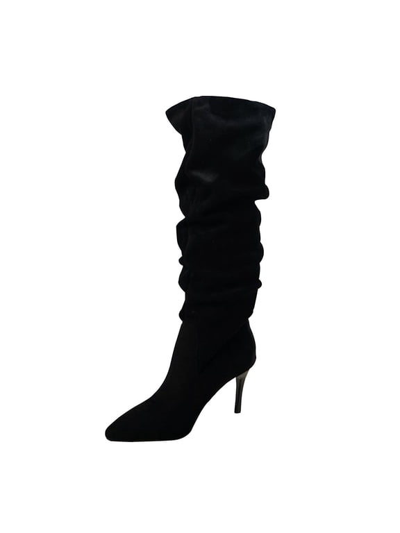 Black Boots for Women Slouch Mid-Calf Wide Calf Snip Toe High Heel Dress Boots Ladies Shoes 35