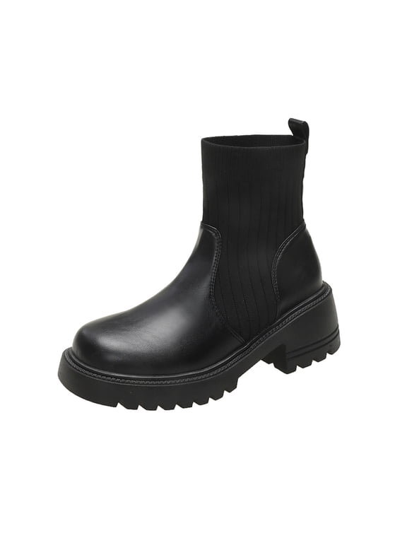 Black Boots for Women Winter Ankle Chunky Low Heel Round Toe Stretch Faux Leather Shoes Women Shoes 36