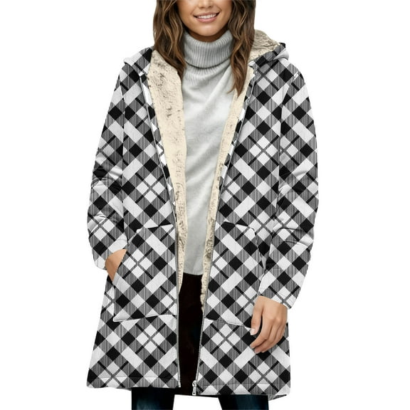 Dasayo Black Coats for Women Long Plus Size Fleece Plaid Zip up Hooded Coatigans Jackets for Women L