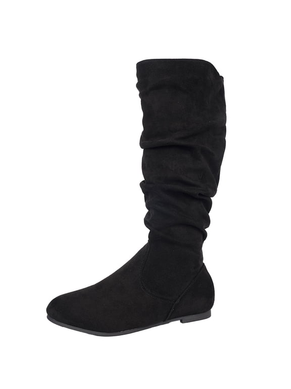 Black Ladies Boots Slouch Mid-Calf Western Soft Round Toe Wide Width Boots Ladies Shoes 38