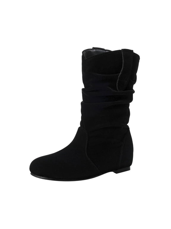 Black Ladies Boots Slouch Wide Width Mid-Calf Dress Pointed Toe Kitten Heel Faux Leather Boots Womans Shoes 39