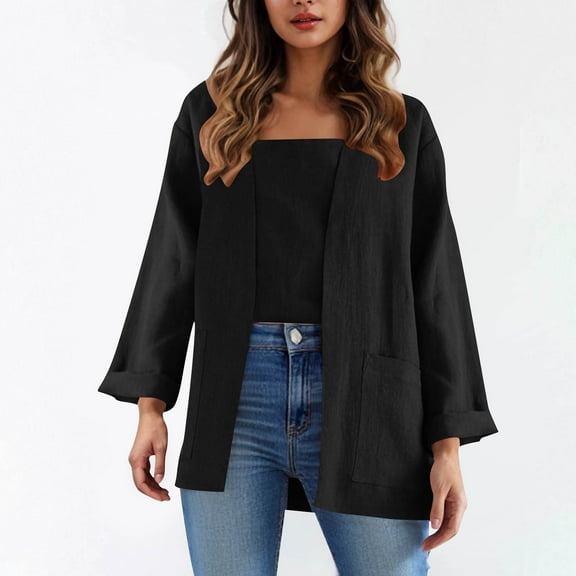 Dasayo Black Ladies Tops and Blouses Fall Open Front Long Sleeve Pocket Solid Cardigans Womens Blouse S
