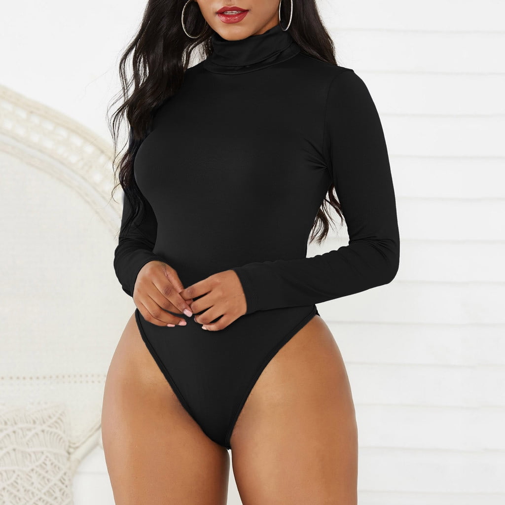 Dasayo Black Long Sleeve Bodysuit for Women Turtleneck Long